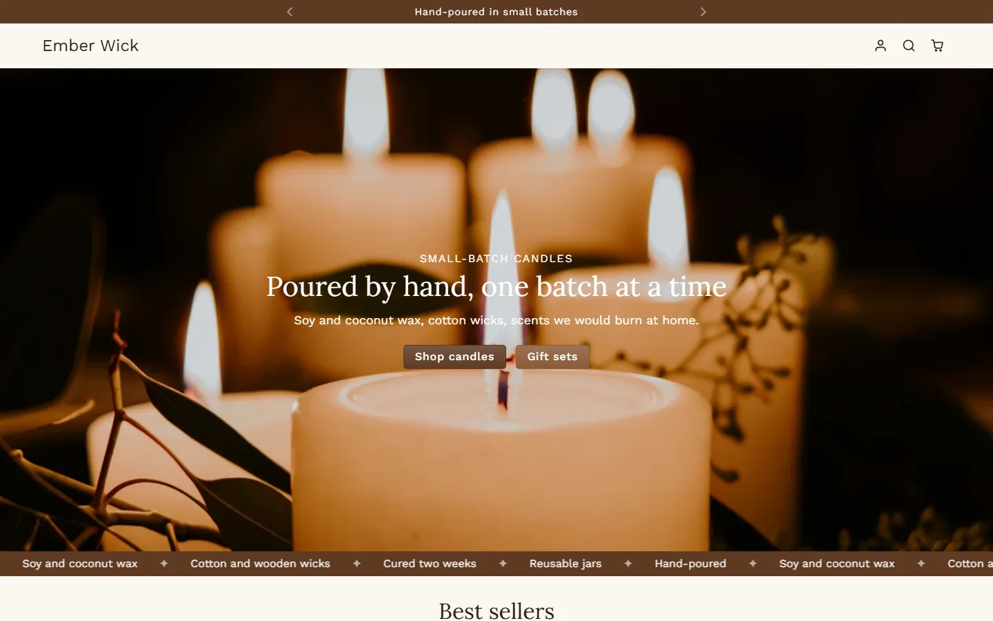 The Ember & Wick home page on a desktop screen