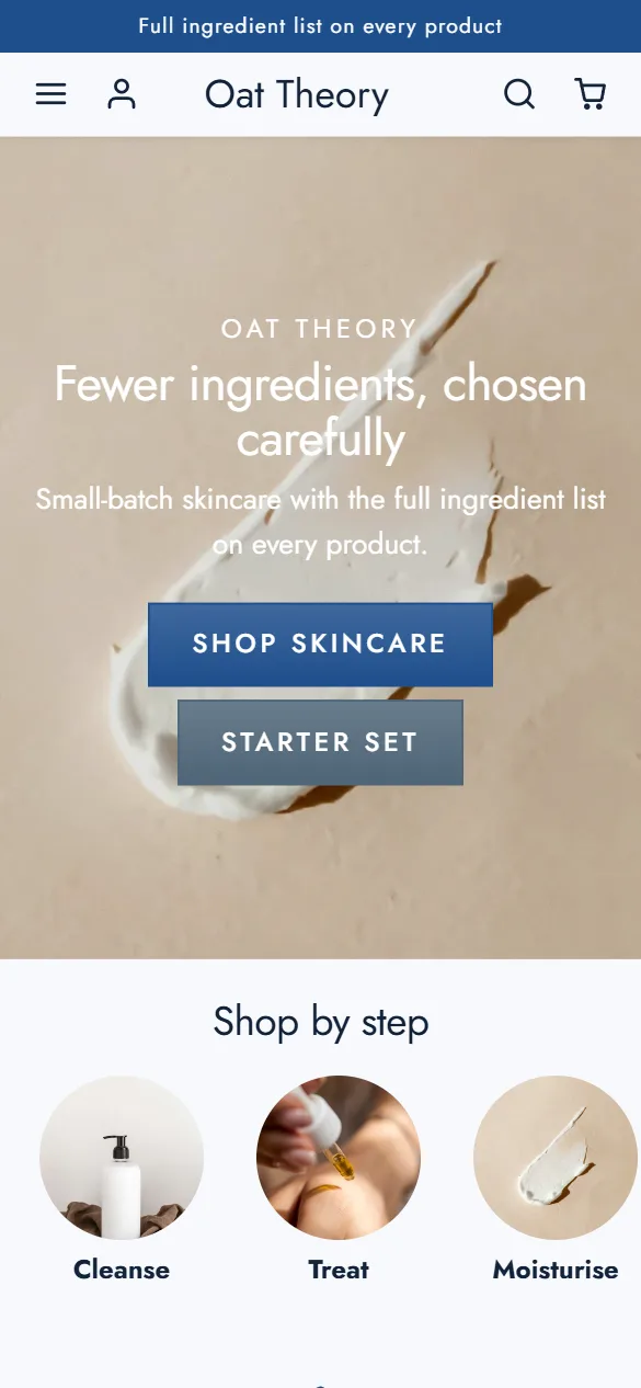 The Oat Theory home page on a phone